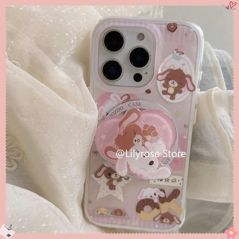 เคสสําหรับ iPhone 13 14 15 16 Pro Max เคส Apple iPhone พร้อมที่วางโทรศัพท์วงเล็บดูดแม่เหล็ก IMD กระต่ายสีชมพูนุ่ม