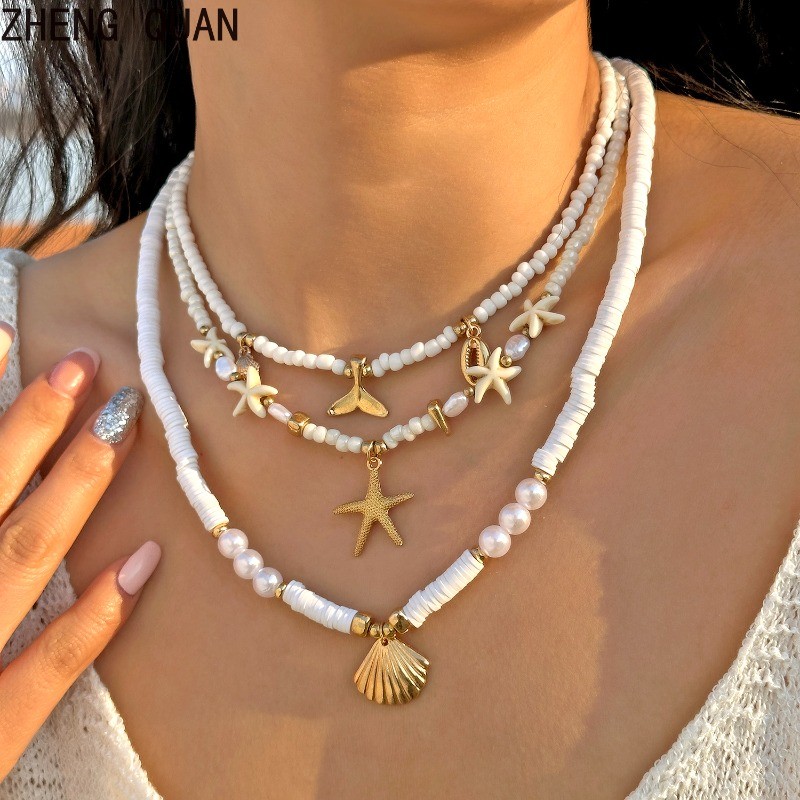3 ชิ้น Oceanic Elegance ปลาดาวสร้อยคอลูกปัดมุกสร้อยคอชุด Bohemian Layered Chains สําหรับผู้หญิงชายหาดวันหยุดเครื่องประดับของขวัญ Boho Handmade