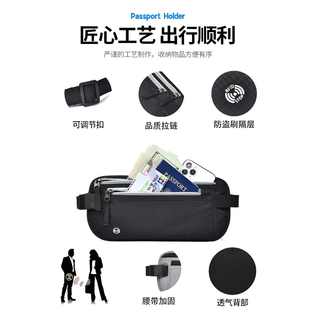 DM Sport Waist Wallet /Secure Travel Money Belt /Anti-Theft Passport Wallets for Men & Women With RF