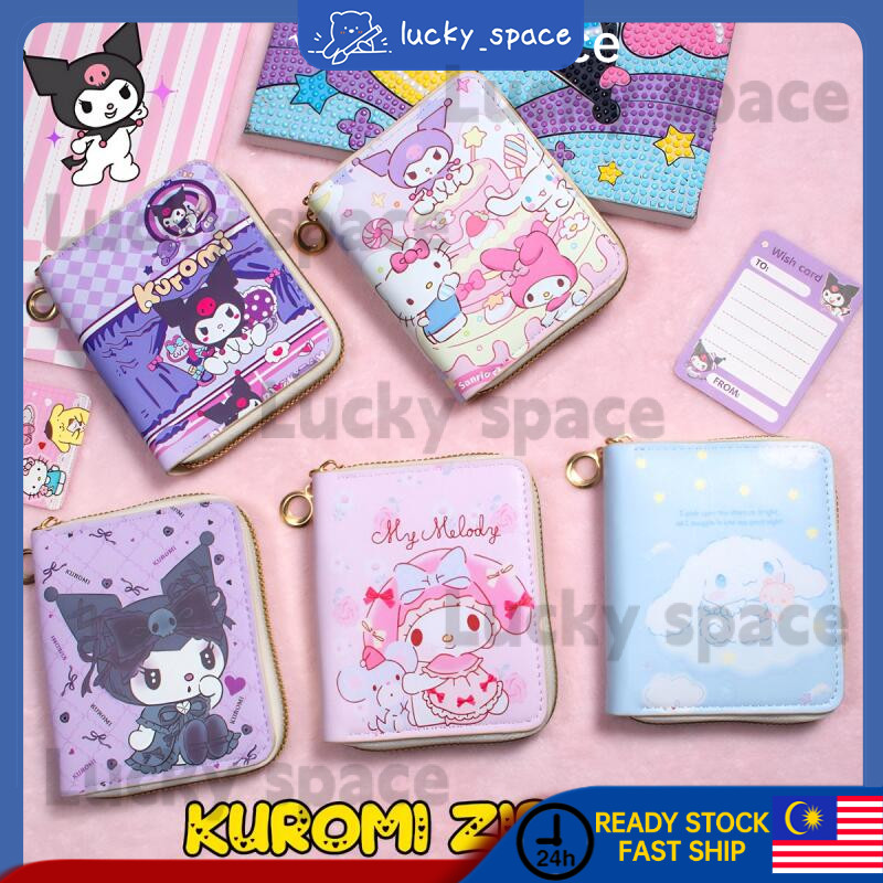 Kuromi กระเป๋าสตางค์สาว Sanrio My Melody Cinnamoroll กระเป๋าใส่เหรียญ Mini Zip กระเป๋าสตางค์สั้นสําหรับเด็กผู้ถือบัตรของขวัญวันเกิด