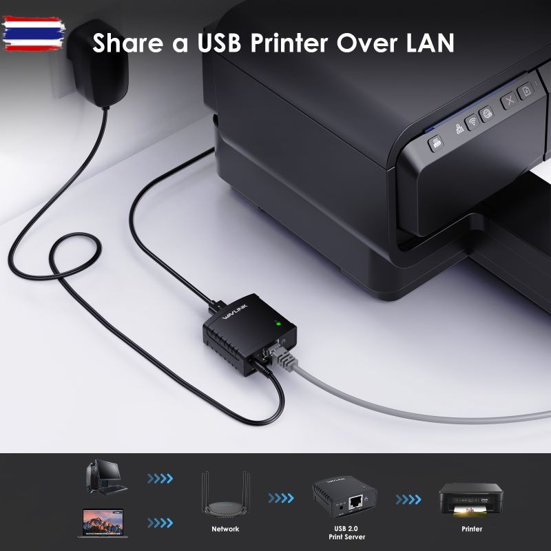 WAVLINK 100MBPS Ethernet ถึง USB 2.0 Network LPR Print Server 10 / 100MBPS เครือข่าย USB Hub / USB 1