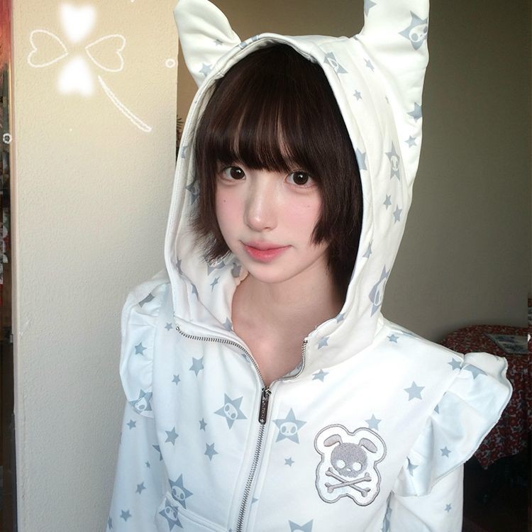 ผู้หญิงดาวพิมพ์กะโหลกแพทช์ ชม. เสื้อฮู้ด + กางเกงขายาวหูน่ารัก2ชิ้นสูท