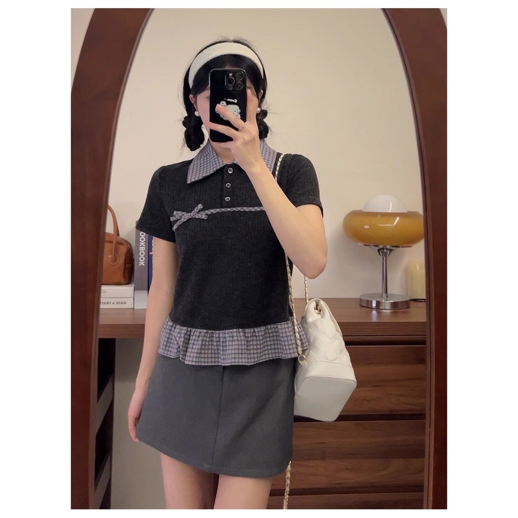 เวอร์ชั่นเกาหลี มารยาท สองชิ้นตาข่ายเย็บโปโลคอถักแขนสั้นเสื้อยืด - รูปที่ 6