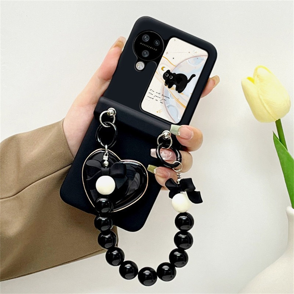 LUKEN เคสโทรศัพท์สีดําหรูหราพร้อมวงเล็บหัวใจสร้อยข้อมือโบว์สําหรับ OPPO N3Flip N2 Flip N3 Flip N2fli