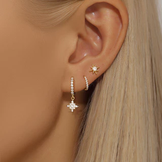3 ชิ้นZircon Star Moon Hoopต่างหูผู้หญิง 18K Gold Plated Dangleต่างหู Hypoallergenicเครื่องประดับ