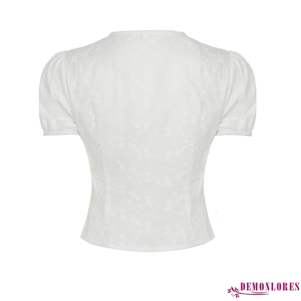 Demonlores-ผู้หญิงลูกไม้เย็บปักถักร้อย Slim Cropped Tops สั้นพัฟแขนลึก V คอปุ่มด้านหน้าตกแต่งเสื้อสเวตเตอร์ถัก - รูปที่ 7