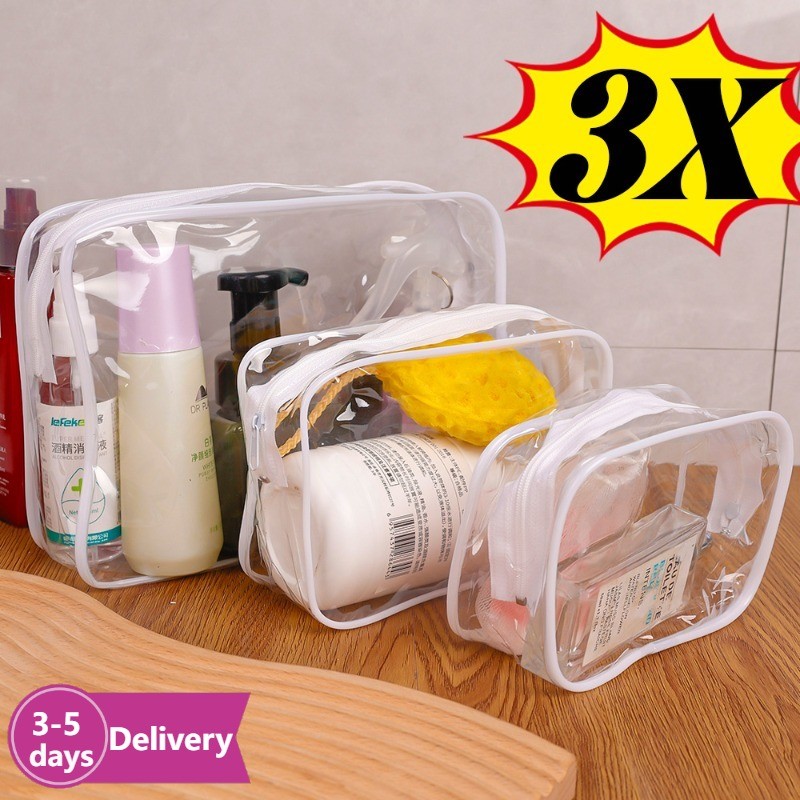 [3-5 วันมาถึง]ถุงเก็บเดินทางกันกระแทก 3 ชิ้นพร้อมตะเข็บเสริม, ซิปไนลอนป้องกันรอยขีดข่วน, เคสเครื่องสําอางใสสําหรับองค์กรอุปกรณ์อาบน้ํา
