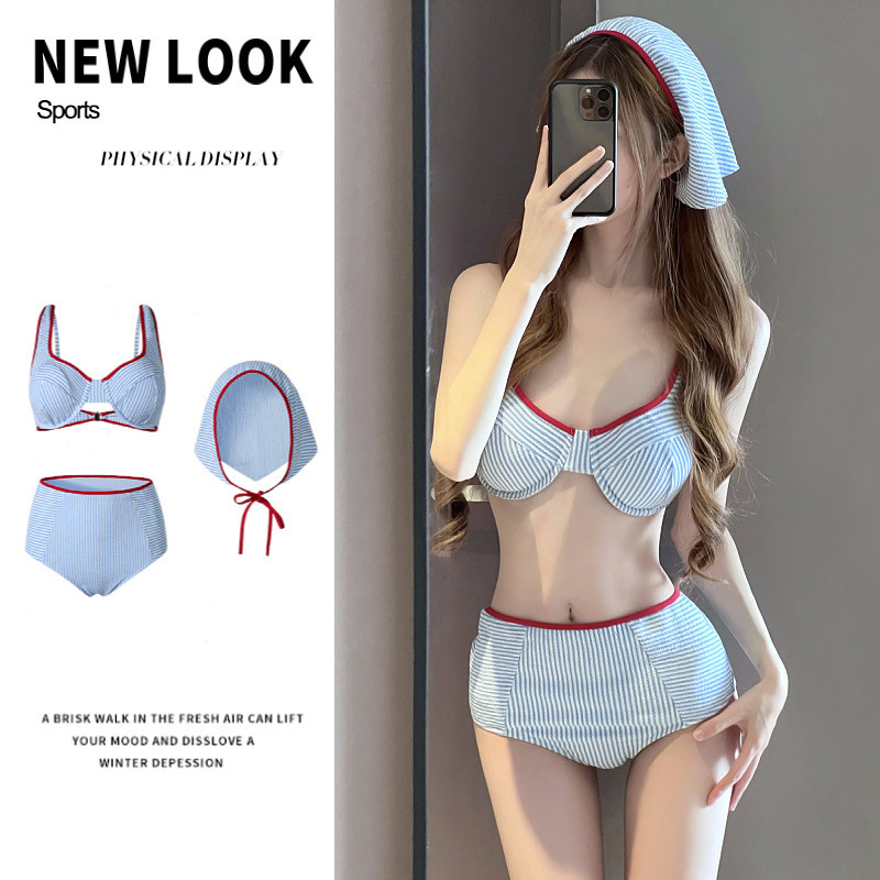 ส่งไวจากไทย บิกินี่ชุดว่ายน้ํา มีโครง เอวสูง bikini set two piece ลายทางสีฟ้า รวมผ้าคลุมศีรษะ#0756
