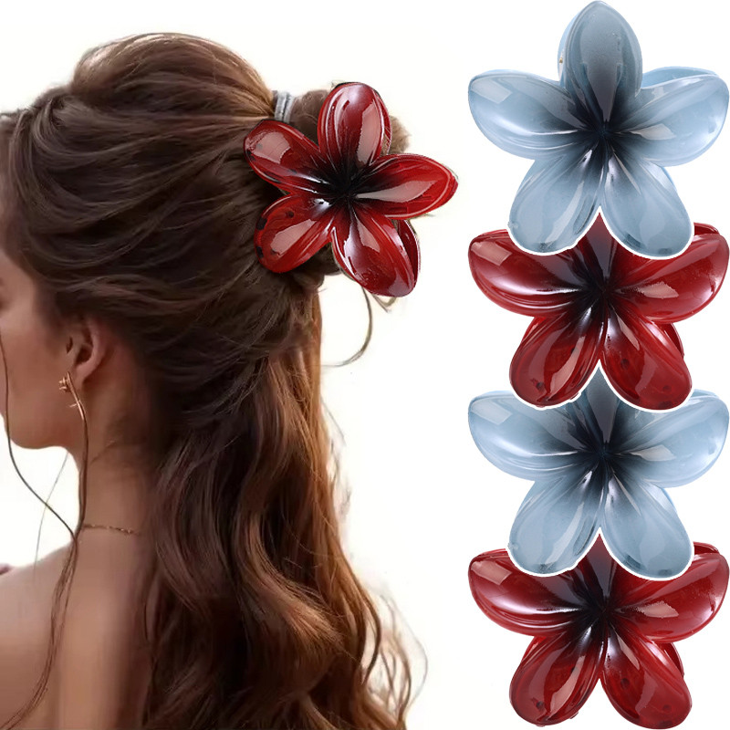 กิ๊บติดผมดอกไม้หรูหรา ขนาด 8 ซม., พลาสติกน้ำหนักเบาที่เคลือบเงา สีแดงเข้มและเทา เหมาะสำหรับเครื่องประดับผมแฟชั่นของผู้หญิง