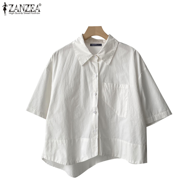 ZANZEA ผู้หญิงเกาหลีร่วมลําลองปกกลางแขนเสื้อไม่สม่ําเสมอชายเสื้อหลวม