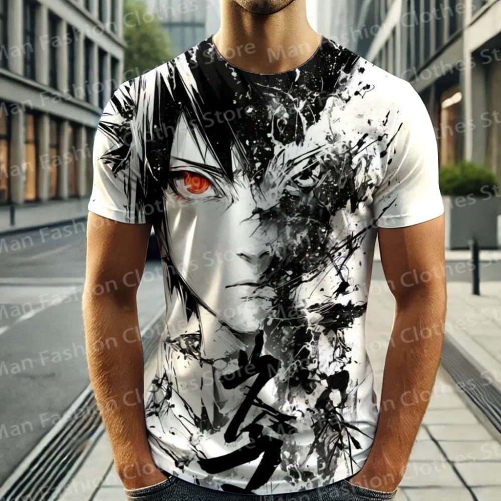เสื้อยืดผู้ชาย Naruto Style พร้อมภาพพิมพ์ 3D Sasuke ในสไตล์ Y2K