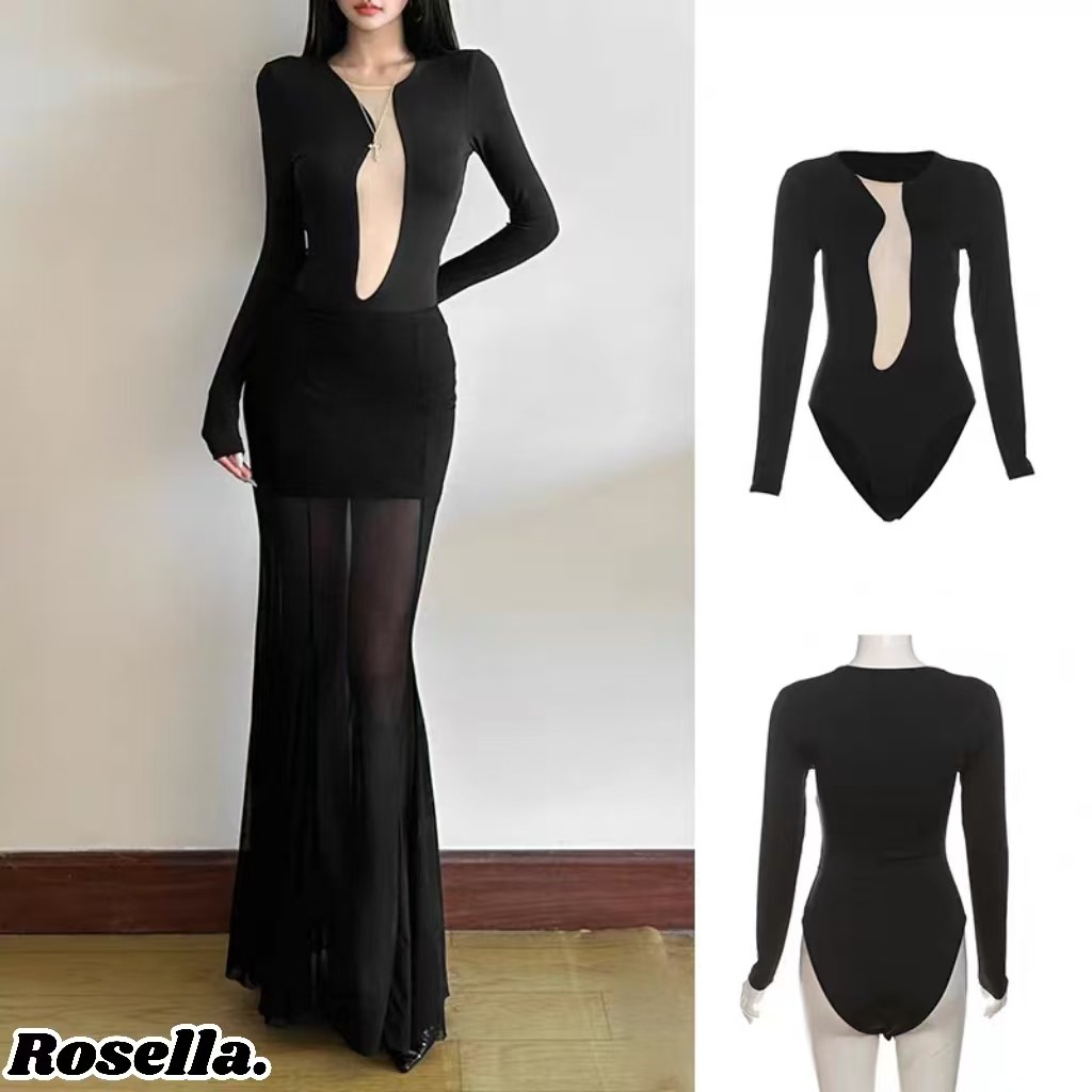 Rosella【สินค้าใหม่👗】จั๊มสูทตาข่ายกลวงสไตล์สาวเซ็กซี่สุดฮอตจากยุโรปและอเมริกา ดีไซน์ใหม่