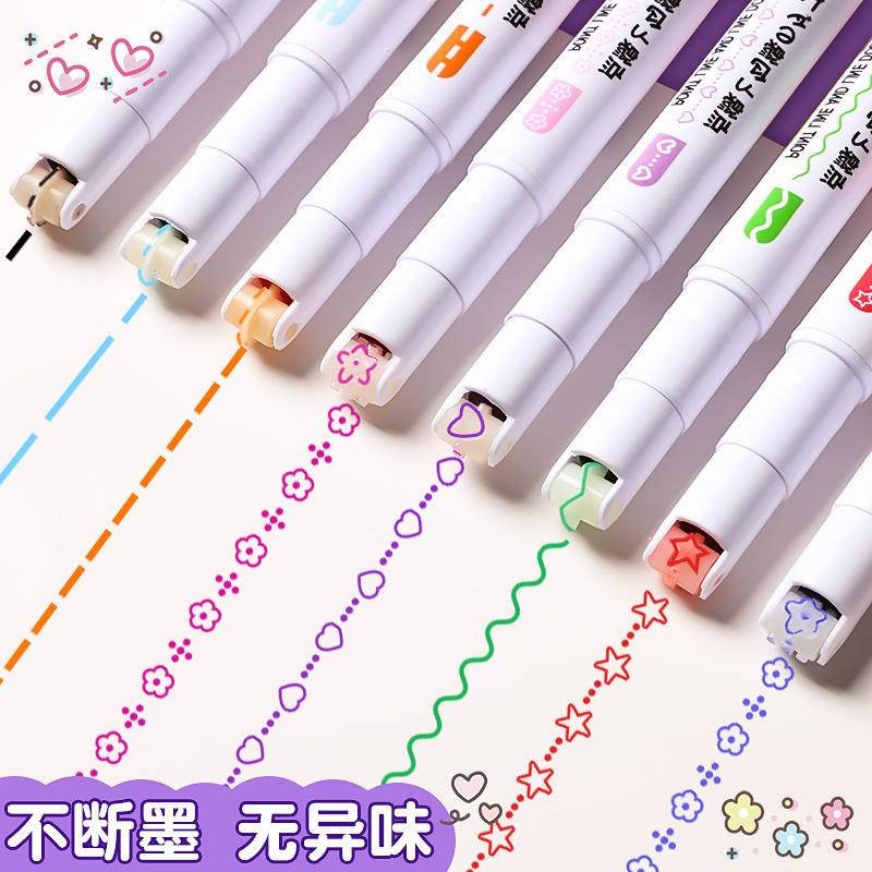 8 Double-Headed Roller Stroke จุดคีย์ Wave MARKER ปากกาสี Highlighter 8 สี Curve ปากกา Quick Drying 