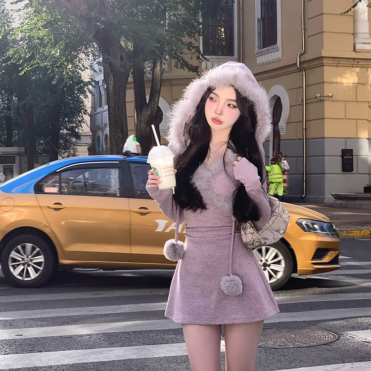 Pure Hot Girl Style Purple Stitching Furry Hooded Knitted Dress Women's Autumn and Winter New Waist-