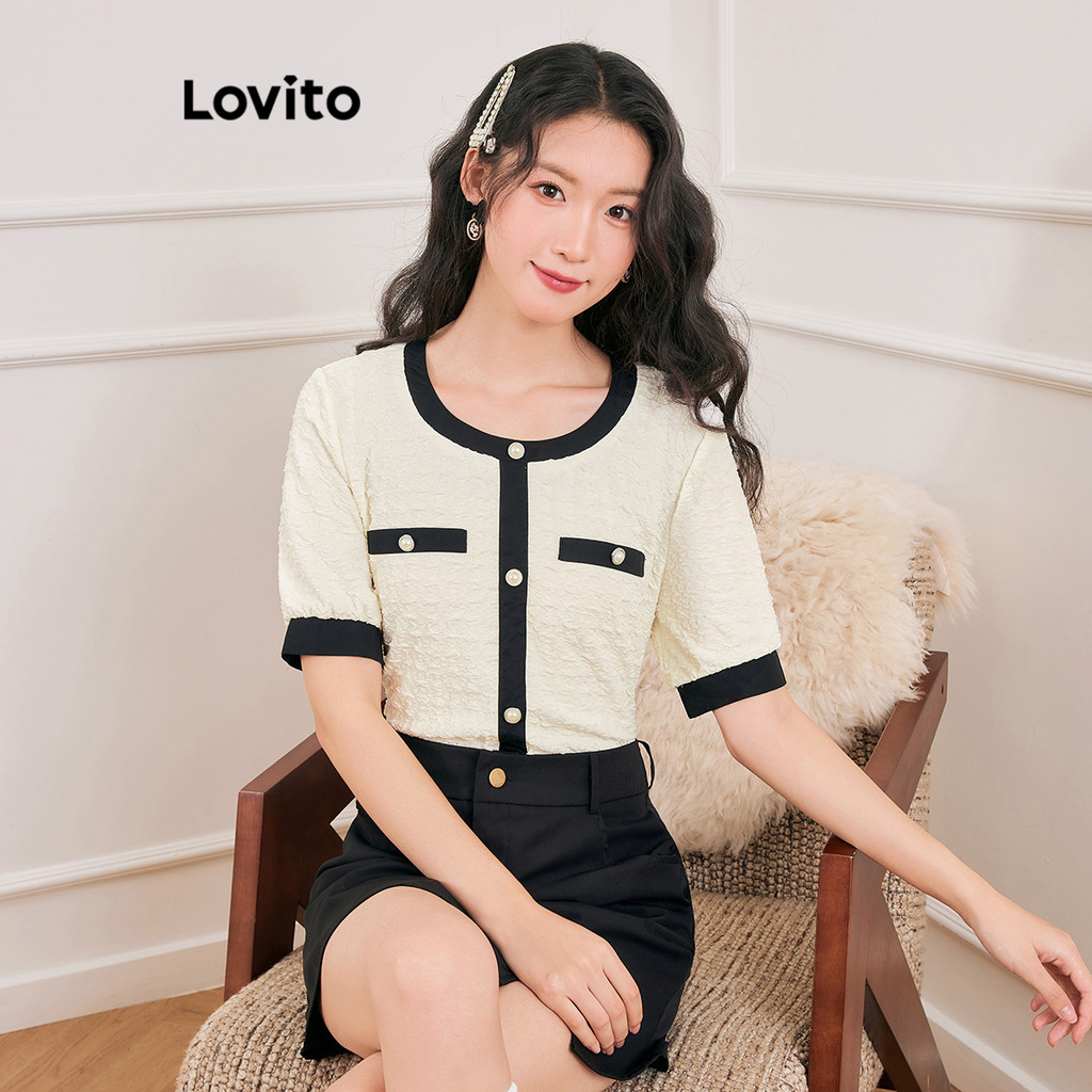 Lovito เสื้อเบลาส์กระดุมผูกคอนทราสต์เรียบหรูสำหรับผู้หญิง LAD106193