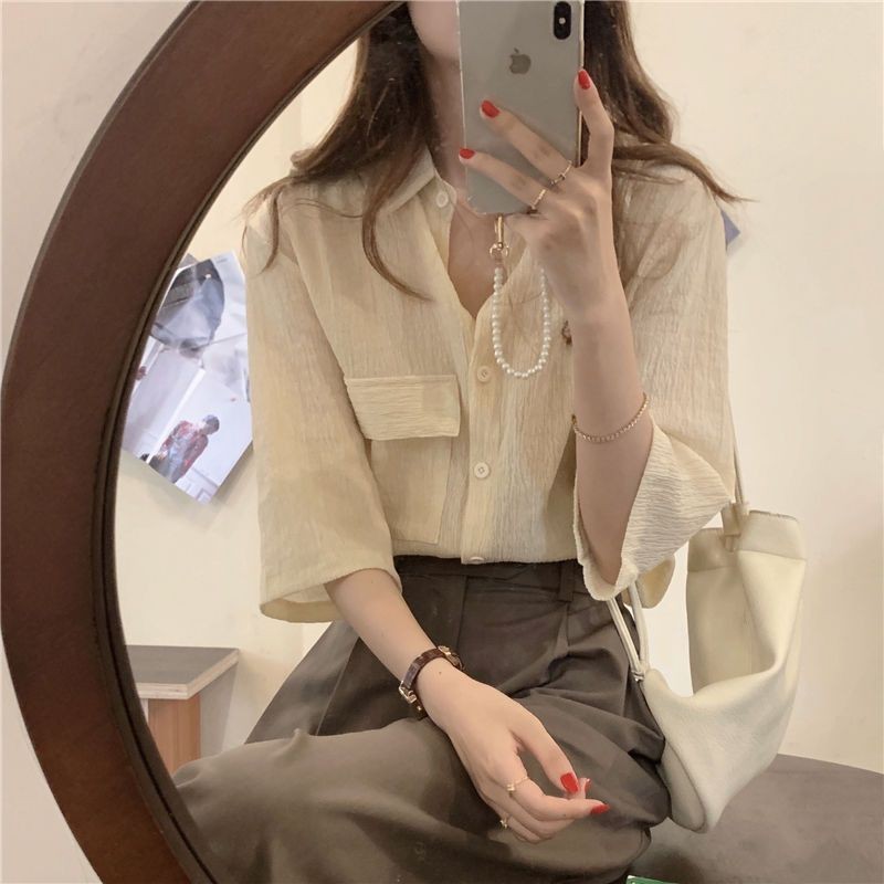 coco~วินเทจ แขนสามส่วน สีทึบ สุภาพสตรี เสื้อเชิ้ต สันทนาการ แฟชั่น