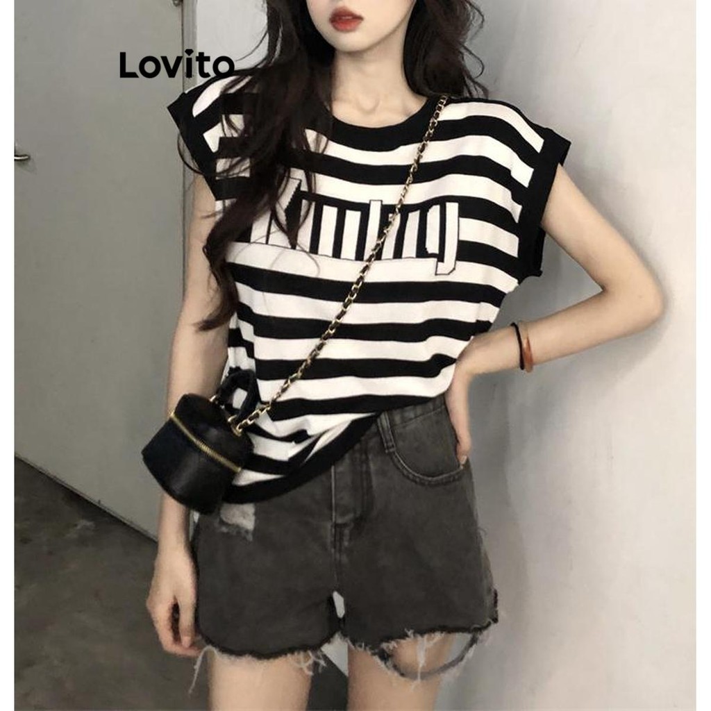 Lovito เสื้อยืดผู้หญิง ลายทาง สไตล์ลำลอง LNA61186