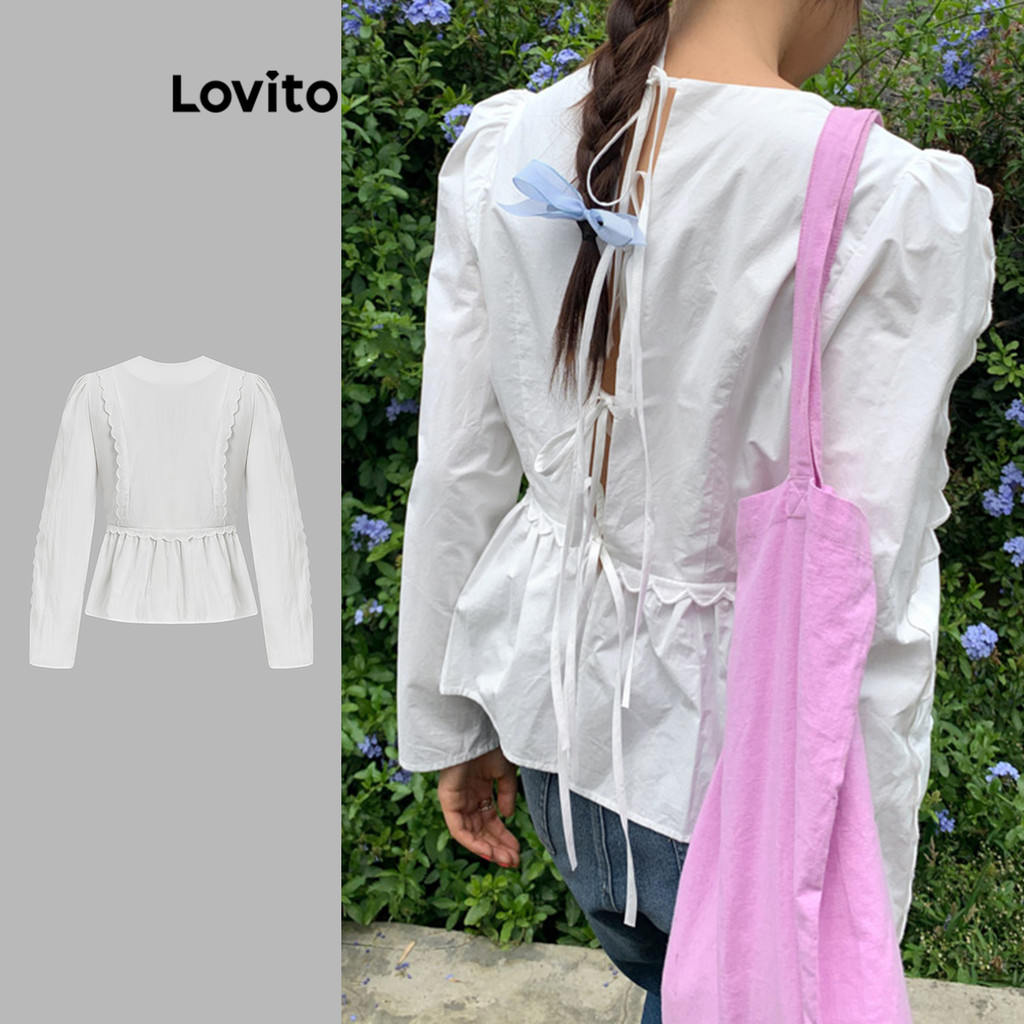 Lovito เสื้อเบลาส์ผูกหลังลายเรียบง่ายสำหรับผู้หญิง L109MD047