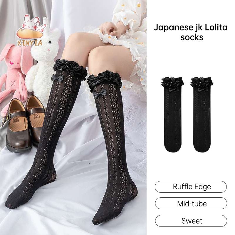บางแนวตั้งลายถุงเท้าสั้น Hollow-out Ruffle Edged Bow ถุงเท้า Lolita ถุงเท้าลูกวัวผู้หญิงXINYIA.TH