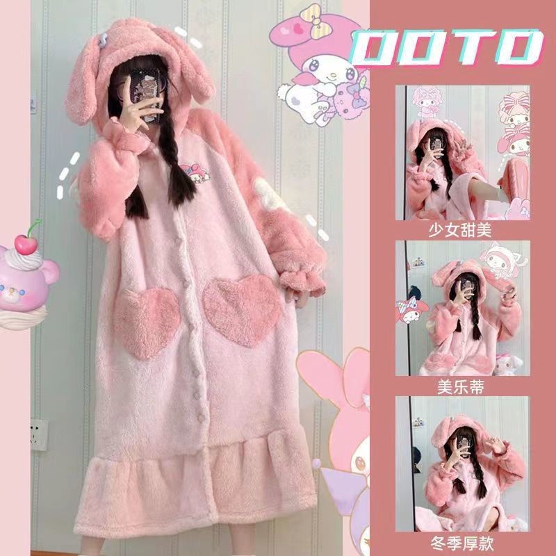 Coral Fleece Bathrobe Pajamas Suit Female Warm with Velvet Can Be Worn outside Melody Autumn and Winter Mid-Length Student Cute ZQ4F