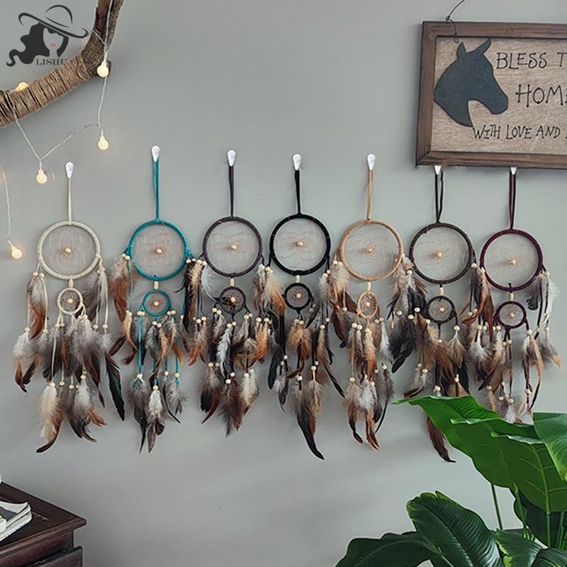 LISHU 1 PC Indian Dream Catcher สีน้ําตาล Feathers Wall Dream Catcher ห้องนอนอุปกรณ์เสริม Wind Chime Dream Catcher ตกแต่งบ้าน th