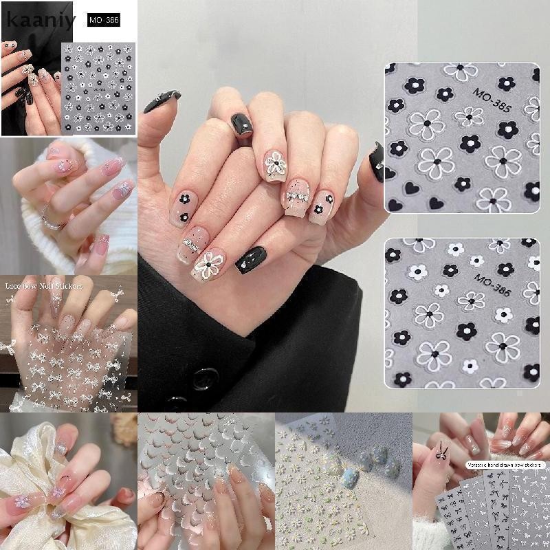 [KAN] ดอกไม้ 3D/5D สติ๊กเกอร์ติดเล็บสีขาวสีดํากลีบเล็บรูปลอก Elegant design ผีเสื้อ Rhinestone ตกแต่งเล็บ DIY FXH