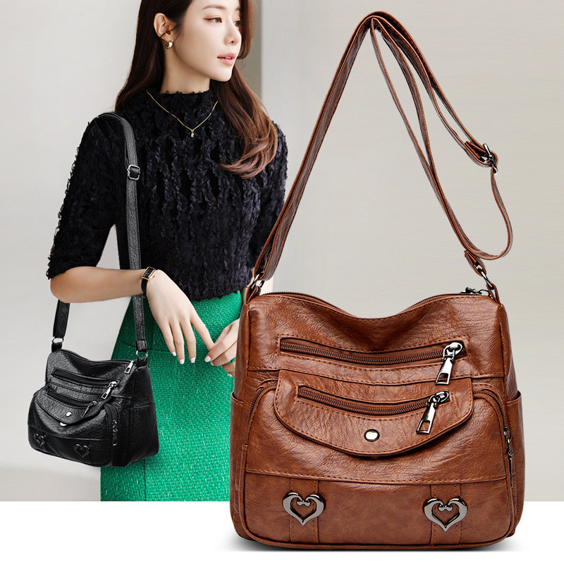 Retro Multi Pockets Crossbody Bag, Soft Faux Leather Shoulder Bag, Heart Decor Purse สําหรับผู้หญิง