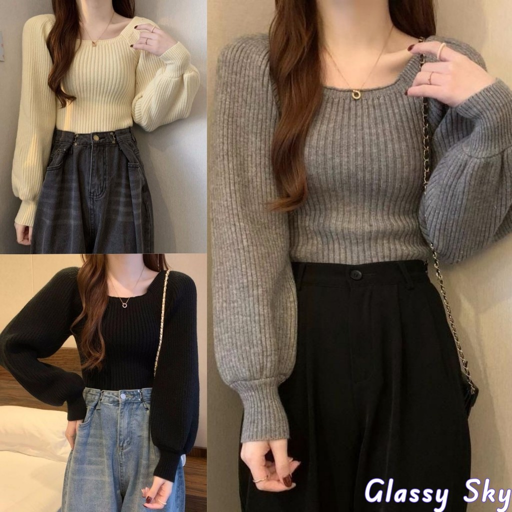 Glassy Sky พร้อมส่ง สีทึบ ยืดหยุ่นดี ผ้านุ่ม แขนยาว เสื้อไหมพรม ผ้าใส่สบาย(33CX32) -C