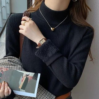 เสื้อสเวตเตอร์หนาพิเศษสำหรับผู้หญิงเสื้อตัวในบุขนกำมะหยี่หนาพิเศษสำหรับฤดูหนาวแบบใหม่ฤดูใบไม้ร่วงและฤดูหนาวเสื้อขนแกะชิ้นเดียวคอสูงครึ่งตัว I ทอ I Maguan ldxw
