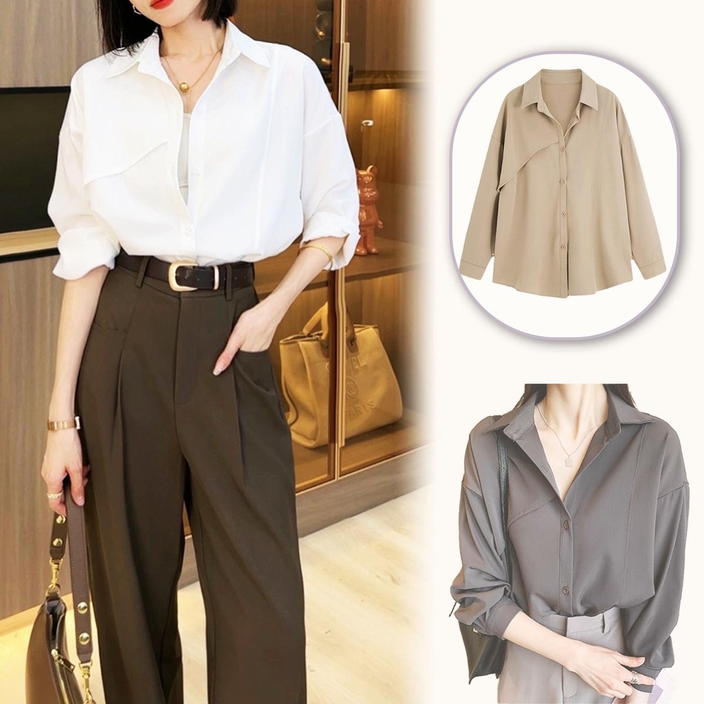 KOKO#ขนาดS-XLเสื้อแฟชั่นผู้หญิง สีทึบเสื้อมืออาชีพแขนยาวผู้หญิง นิสัยสง่างาม#W515
