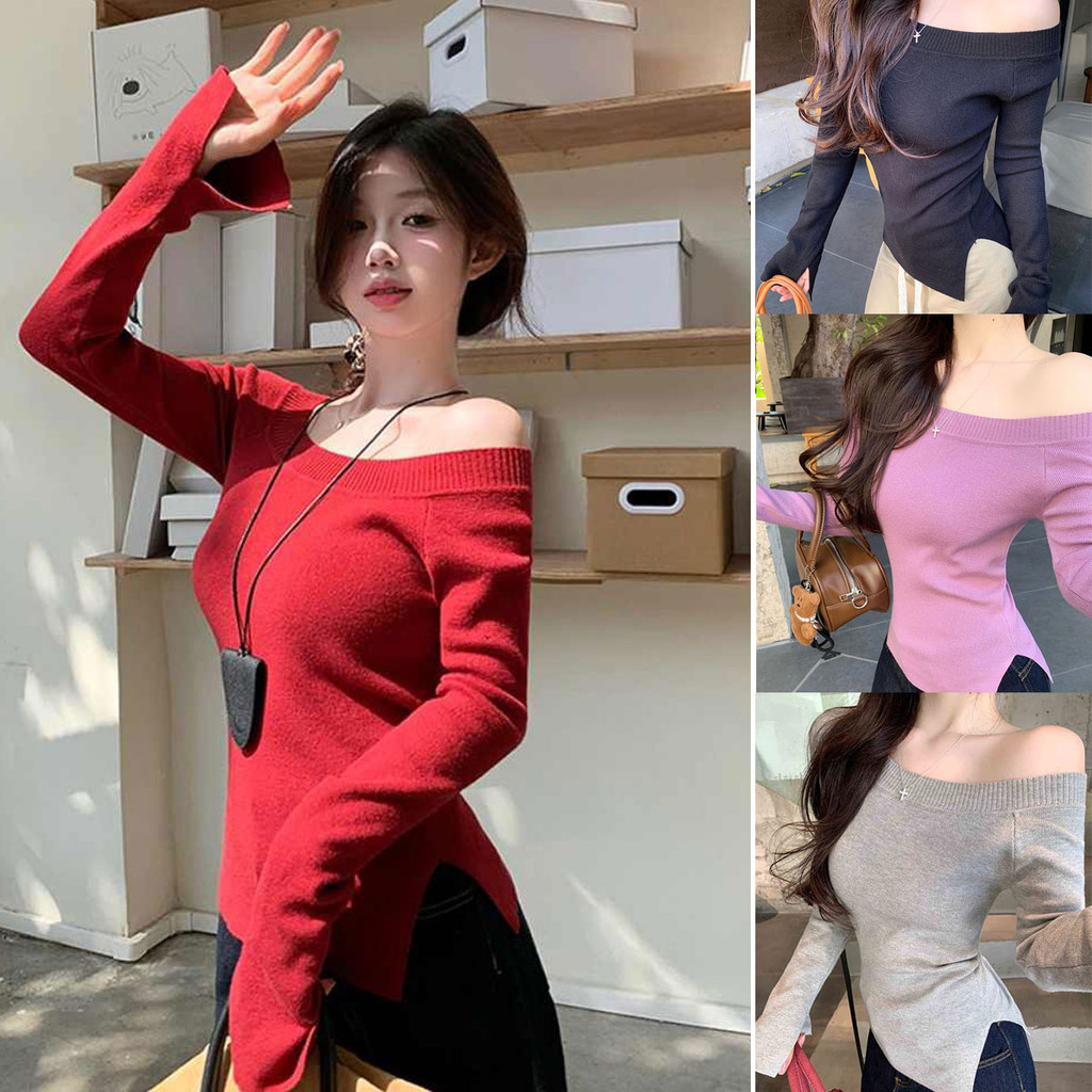 Cuties💕 เสื้อไหมพรมแขนยาวปาดไหล่ สีแดง ผ้าร่องยืดตามตัว ใส่ง่าย สไตล์เกาหลี 5 สี A192