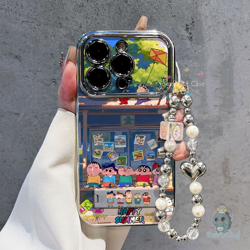 สําหรับiphone 11 16 15 14 13 12 Pro Xr X Xs Max 7 8 6 6s Plus Case Crayon Shin-chan เวลาว่างเคสโทรศัพท์ + โซ่ + ผู้ถือชุบหรูหราคมชัดหน้าต่างกันกระแทกป้องกันปกหลัง