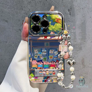 สําหรับ iPhone 11 16 13 12 7Plus 15 14 Pro Max Xr X Xs Max 8 6 6s Plus Case Crayon Shin-chan เวลาว่างเคสโทรศัพท์ + โซ่ + ผู้ถือชุบหรูหราคมชัดหน้าต่างกันกระแทกป้องกันปกหลัง