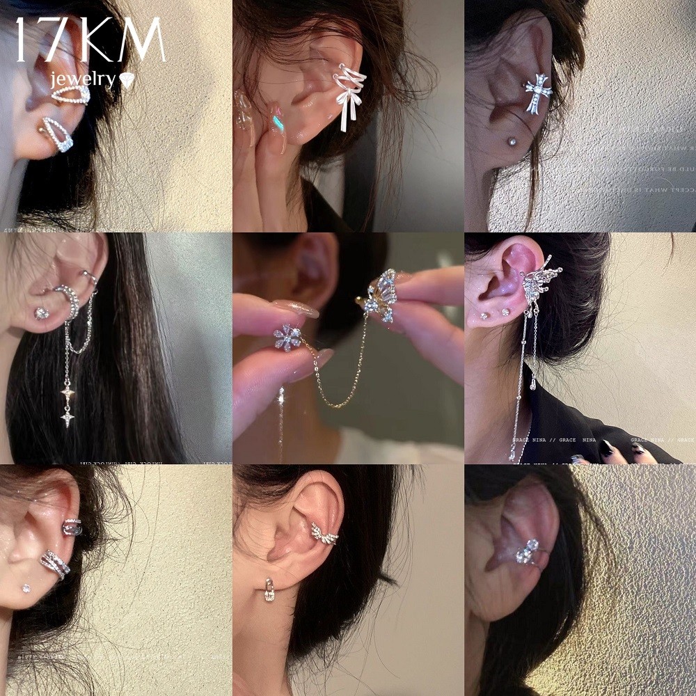 17KM Y2K ดอกไม้ผีเสื้อโบว์คลิปต่างหู Shining Zircon ต่างหูสําหรับผู้หญิงเครื่องประดับอุปกรณ์เสริม