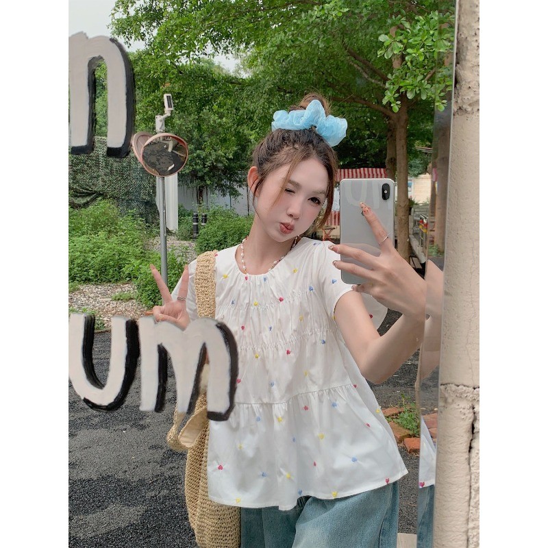 🧡LINNA🧡เวอร์ชั่นเกาหลี แขนสั้น ประกบ หัวใจรักน้อย เสื้อเชิ้ต หวาน น่ารัก
