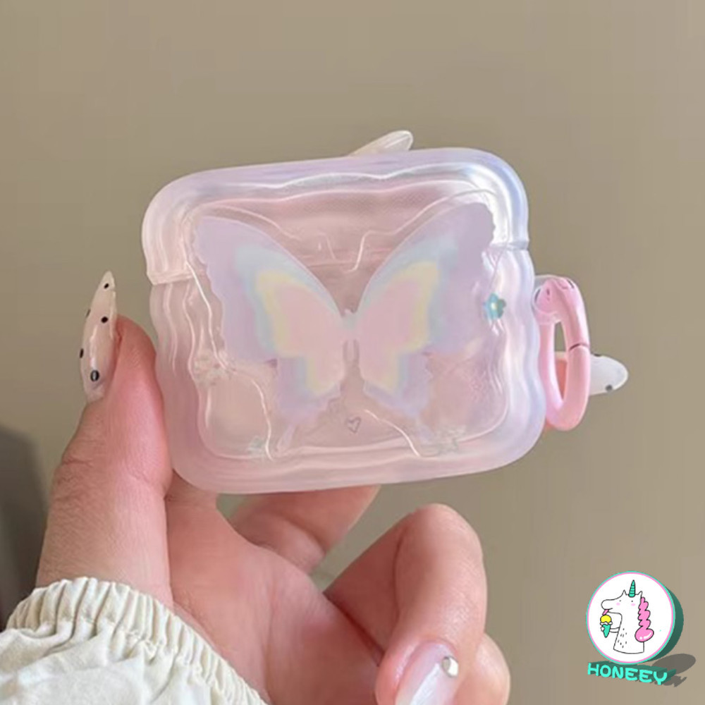 Ins Girly 3D เลเซอร์ผีเสื้อหูฟังใสพร้อมพวงกุญแจสําหรับ Airpods 1 2 3 Airpod Pro 2 หูฟังไร้สายบลูทูธ Hard Anti-drop ชุดหูฟังฝาครอบป้องกัน