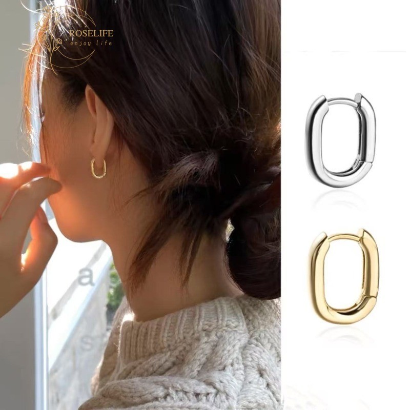 Roselife S925 เงิน Cool Temperament Minimalism Glossy สี่เหลี่ยมผืนผ้า Unisex Hoop ต่างหูสําหรับผู้หญิงผู้ชายสวมใส่ทุกวันเลือกฟรีแฟชั่นหูเครื่องประดับอุปกรณ์เสริม