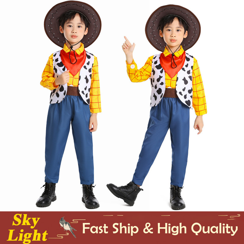 Toy Story Woody คอสเพลย์เครื่องแต่งกายสําหรับเด็กเด็กคาวบอยเสื้อสูทกางเกงเสื้อกั๊กฮาโลวีน Christmas Party ชุดประสิทธิภาพชุด