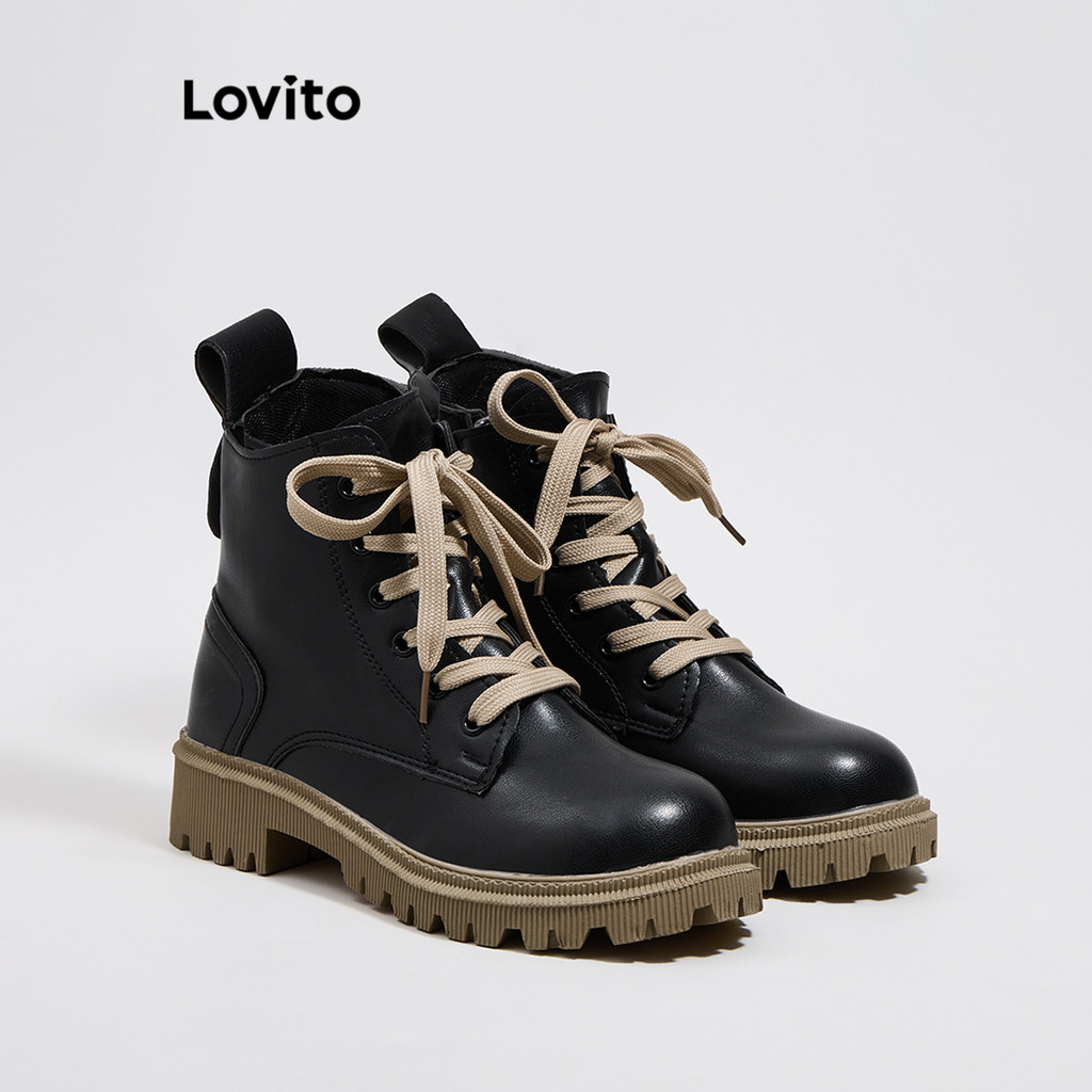 (Lovito Refine) รองเท้าบูทแฟชั่นอังกฤษธรรมดาสบาย ๆ สีบล็อกหนา แต่เพียงผู้เดียวรองเท้าบูทแฟชั่นอังกฤษสำหรับผู้หญิง LFA47125