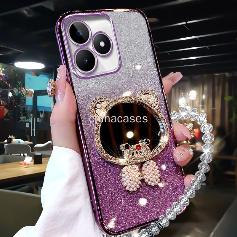 Realme C53 Realme C51 Realme Note 50 หมีโปร่งใส Tie Electroplating ซิลิโคนอ่อนนุ่มประเภทสร้อยข้อมือคริสตัลโปร่งใสกันกระแทกเคสโทรศัพท์ RFVTGBYHG