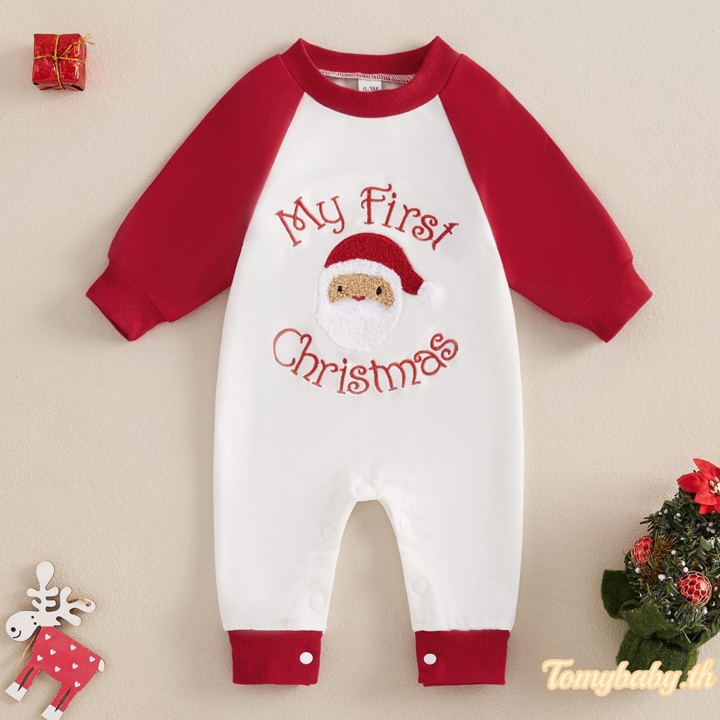 Tomybaby-ชุดจั๊มสูทแขนยาวสําหรับเด็กเย็บปักถักร้อยซานตาคลอสตัวอักษรคริสต์มาส Romper