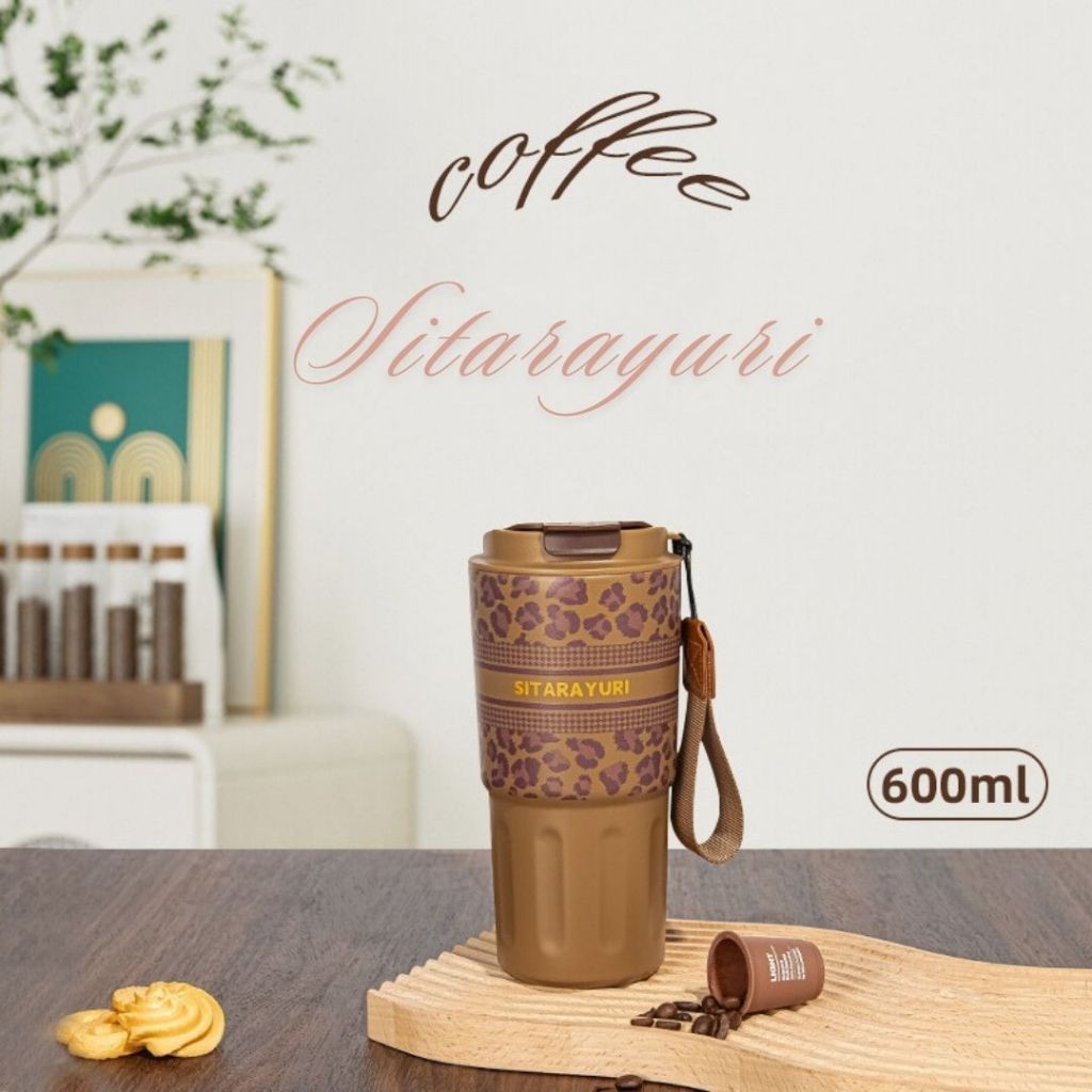 SITARAYURI แก้วกาแฟ จิบ ดื่ม ร้อน/เย็น พิมพ์ลายรอบตัวแก้ว พร้อมสายหิ้วผ้าแคนวาส ขนาด 360ML , 600ML สแตนเลส 304