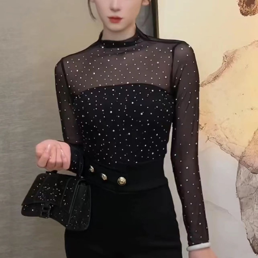 ฝรั่งเศสครึ่งคอสูงเงาเลื่อมสลิมฟิต ผอมลง ดูสไตล์ ที พวกคุณ ด้านบนหญิงเกาหลีรุ่นยืดหยุ่นสูงแขนยาวแฟชั่น