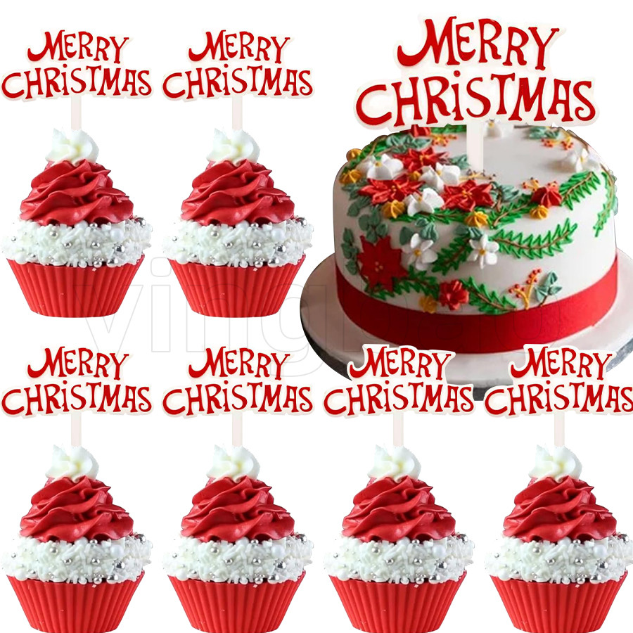 10 ชิ้น Merry Christmas Cupcake Toppers พลาสติกตกแต่งเค้ก Party เค้ก Toppers เลือกสําหรับตกแต่งเค้กคริสต์มาสอุปกรณ์