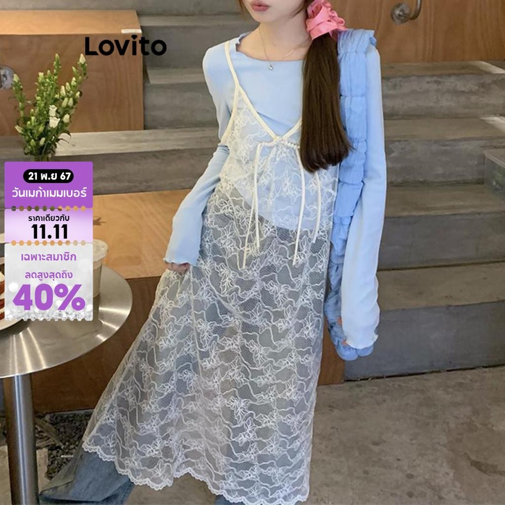 Lovito ชุดเดรสผู้หญิง แต่งลูกไม้ สีพื้น สไตล์ลำลอง LNA60116