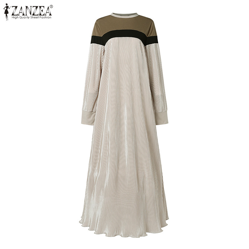 Zanzea ผู้หญิงมุสลิมแขนยาว Contrast สี Pleating Slit กระเป๋าชุดแฟชั่น
