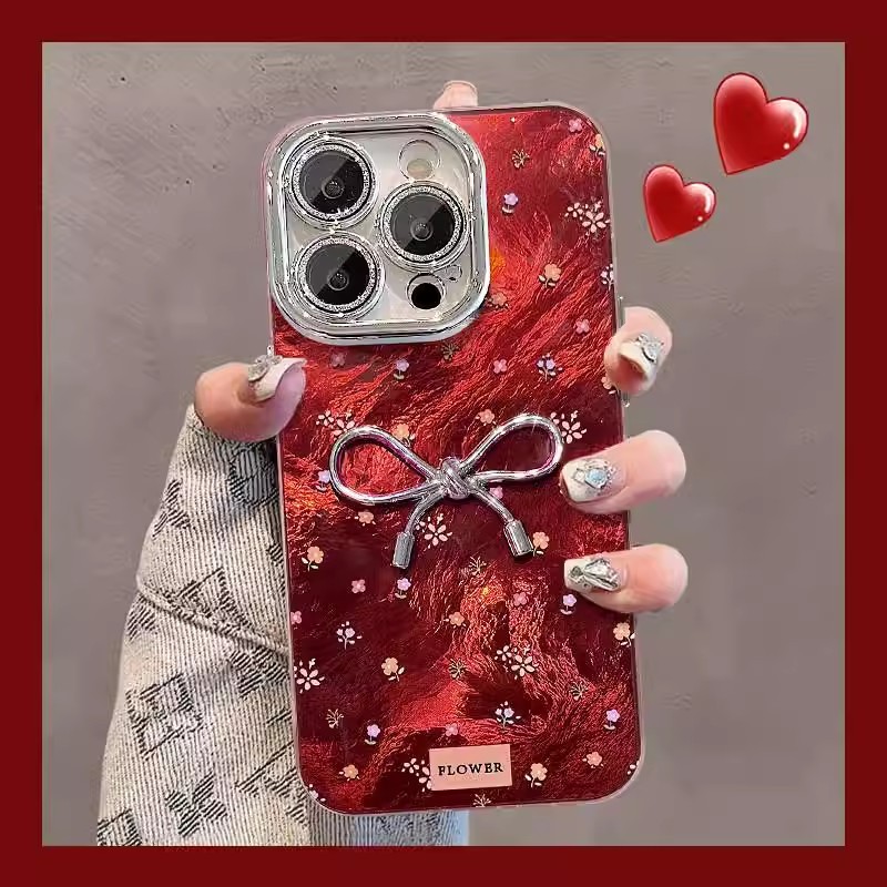 Glitter เลนส์ป้องกันฟิล์ม 3D Bowknot ดอกไม้สีแดง Wrsit โซ่เคสโทรศัพท์สําหรับ iPhone 17Promax 16 Pro Max 11 12 13 14 15 Promax ผู้หญิงมือถือปลอก