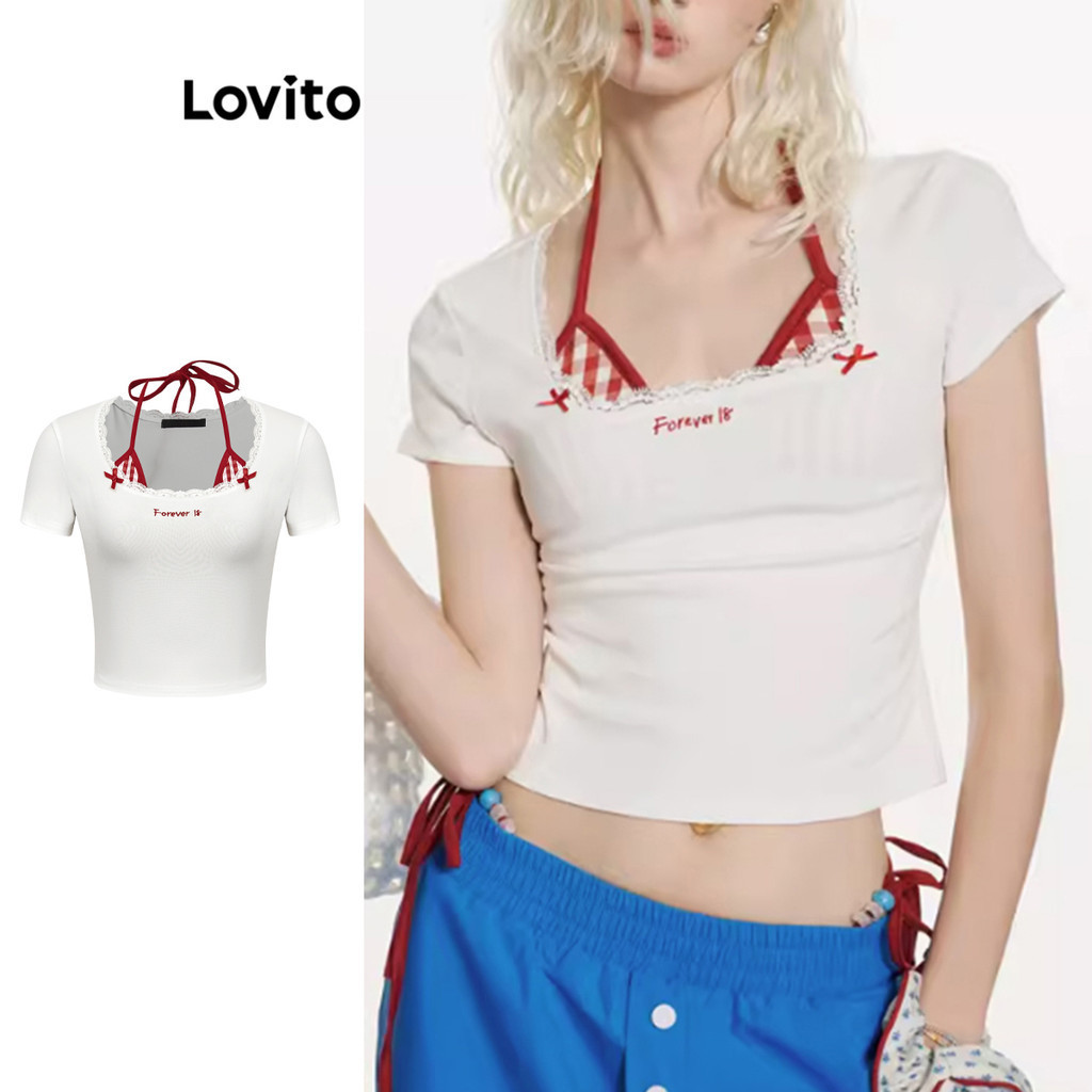 Lovito เสื้อยืดคอระบายเย็บปะติดปะต่อกันน่ารักปลอม 2 In 1 โบว์ด้านหน้าสำหรับผู้หญิง L98AD020