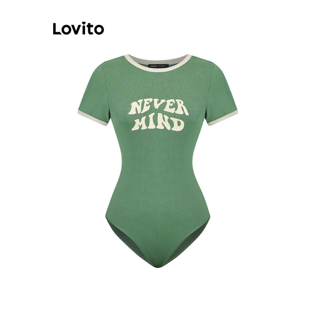 Lovito บอดี้สูทผู้หญิง ลายตัวอักษร แต่งขอบสี สไตล์ลำลอง L93AD003