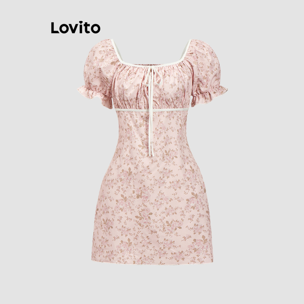 Lovito ชุดเดรสผู้หญิง คัลเลอร์บล็อก ลายดอกไม้ น่ารัก โบว์ด้านหน้า L89ED176